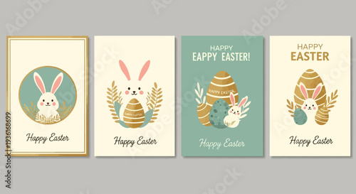 Easter greeting card templates with bunny and egg illustrations in various frames and backgrounds