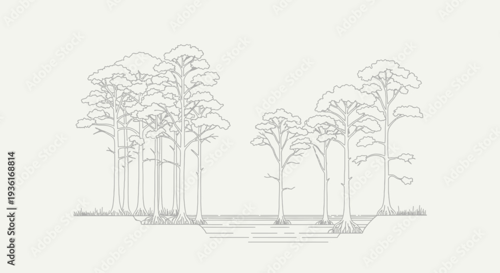 Fototapeta premium Minimalist Line Art Illustration of Cypress Trees in a Swampy Landscape