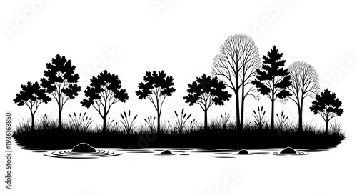 Black Silhouette of Trees and Reeds on Riverbank with Water Ripples