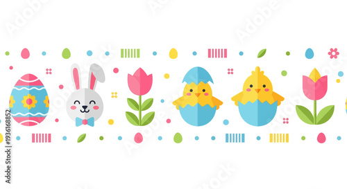 Easter-themed border with cartoon bunny, eggs, chicks, and tulips in a festive and colorful illustration