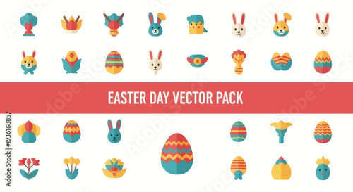 Collection of colorful Easter-themed icons and symbols featuring eggs, bunnies, and flowers in a flat design style