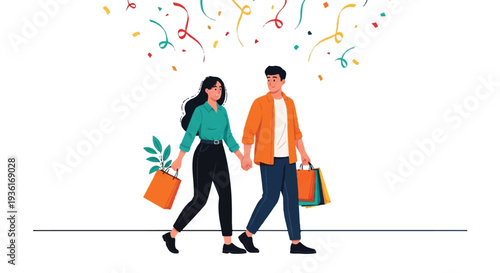 Couple enjoying festive shopping adventure with colorful musical notations floating above