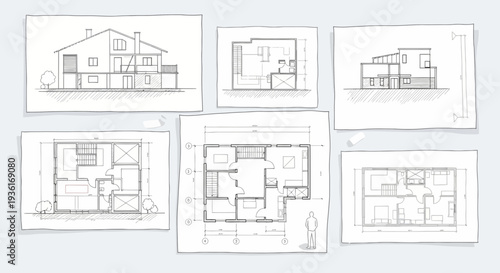 Architectural blueprints and sketches of modern house designs, floor plans and elevations