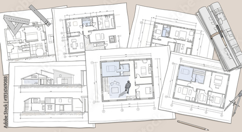 Architectural blueprints, house plans, and construction drawings with drafting tools