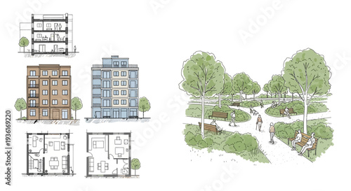 Modern Apartment Building Design with Green Park and People