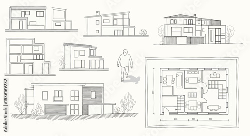 Architectural sketches: modern house designs, floor plan, and elevations