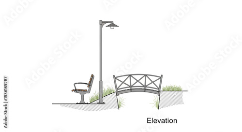 Park Bench and Lamp Post by Decorative Garden Bridge with Greenery