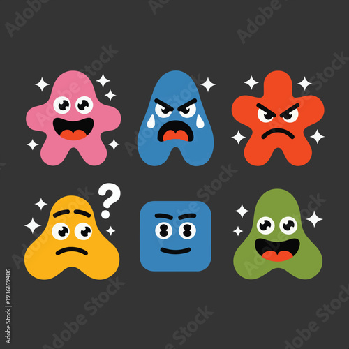 Funny Emotion Monsters Vector Illustration Pack,
Quirky Colorful Character Set on Dark Background,
Minimalist Retro Style Emoji Characters.
