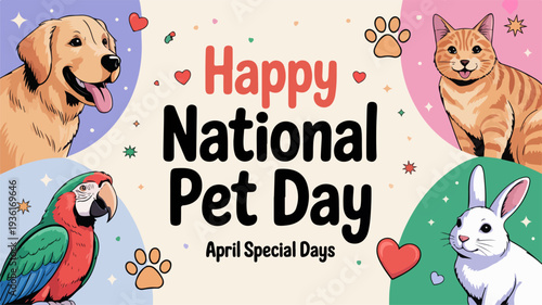 Vibrant national pet day social media post with animals