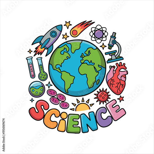 Science Education Emblem Vector Illustration,
Colorful Science Theme Icons and Graphics.
