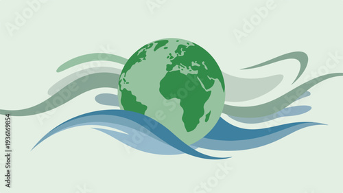 Green earth globe with swirling blue waves and wind on light green background eco friendly minimalist vector illustration