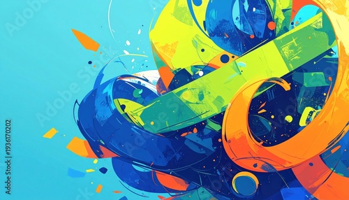 Abstract digital artwork features floating geometric shapes with vibrant colors against a blue gradient