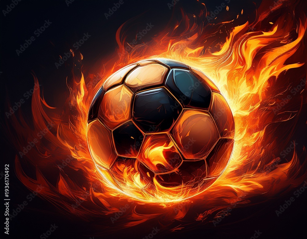 Fototapeta premium soccer ball engulfed in flames on a black background with intense orange glow
