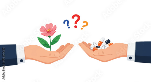 Contrasting hands depicting health and medicine versus growth and healing symbols with question marks