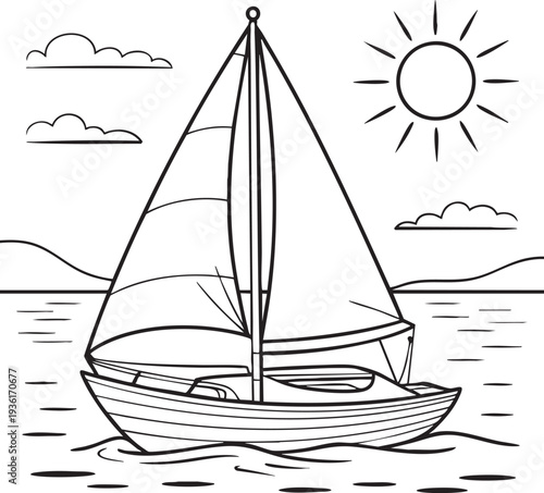 Sailboat on wavy ocean water with sun and clouds, simple line drawing for coloring book.
