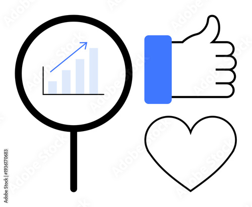 Business growth concept. Focus on success and results with a magnifying glass, upward graph, thumbs-up approval, and heart symbol. Ideal for marketing, branding, analytics, customer feedback
