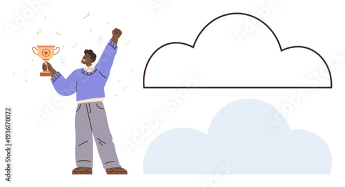 Achievement, motivation, success, winning, celebration, career goals. Person holding a trophy in victory while standing beside cloud shapes. Success and motivation concept