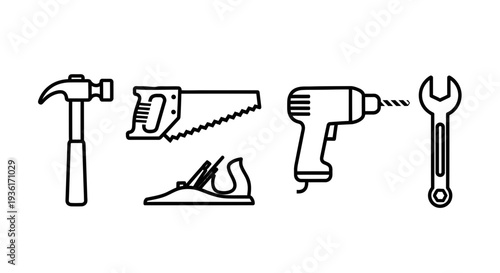 Set of Hand Tools Icons: Hammer, Saw, Plane, Drill, Wrench on White Background