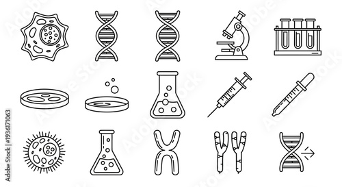 Science Icons: DNA, Microscope, Cells, Flasks, Chromosomes, Syringe, Pipette, Test Tubes