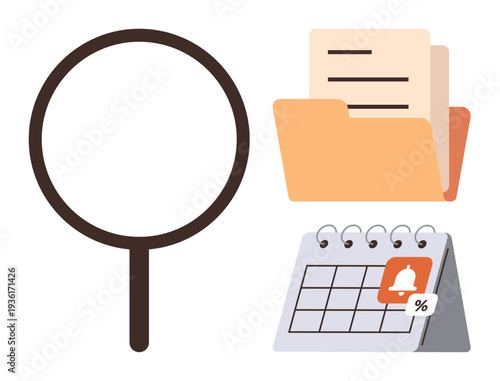 Project organization, business management, deadlines, reminders, task prioritization, research tools. Magnifying glass alongside a folder of documents and a calendar with a notification. Business