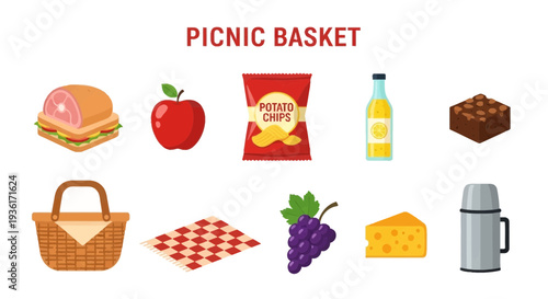 Collection of flatstyle icons representing items for a picnic labeled PICNIC BASKET