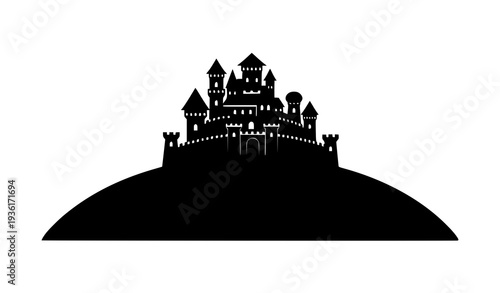 Enchanted Hilltop Fairytale Castle Silhouette Vector Design on White Background