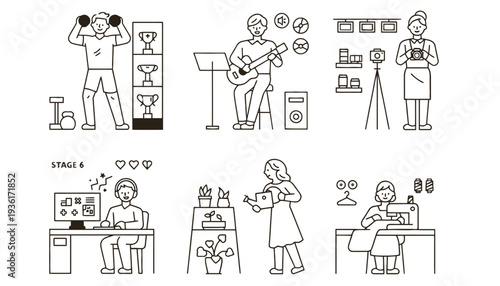 People doing various hobbies and activities at home or office spaces