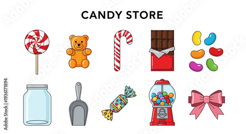 Cartoon icons depicting various candies and related items under a CANDY STORE title