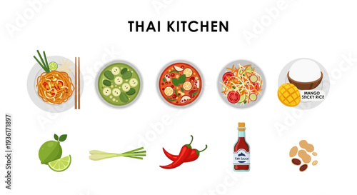 Thai kitchen illustration showing five dishes and six ingredients on a white background