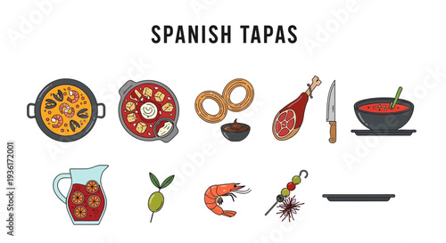Illustration of ten Spanish tapas items arranged in two rows