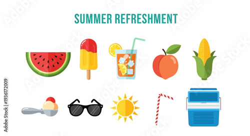 Flat design icons for summer refreshment including fruit drinks and accessories