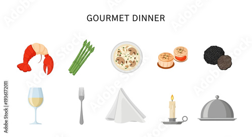 Gourmet dinner items including seafood vegetables risotto truffles wine and table settings