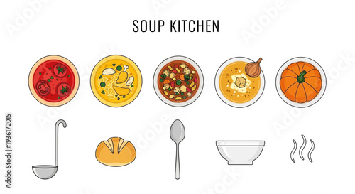 Five bowls of soup ladle bread spoon empty bowl and steam icons under SOUP KITCHEN