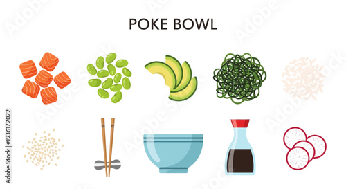 Collection of raw ingredients and utensils for assembling a poke bowl