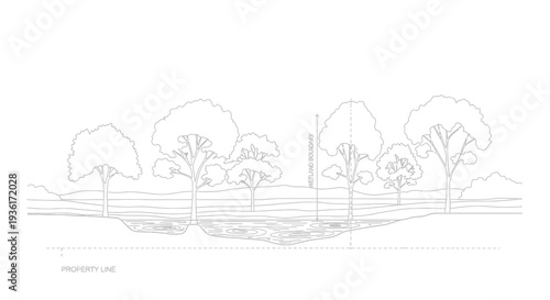 Cross-section of a landscape showing property line, trees, and underground water flow