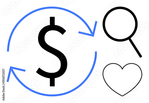 Dollar sign encircled by arrows symbolizes economic flow, with magnifying glass for analysis and heart for ethical values. Ideal for finance, analysis, ethics, economy, charity, sustainability