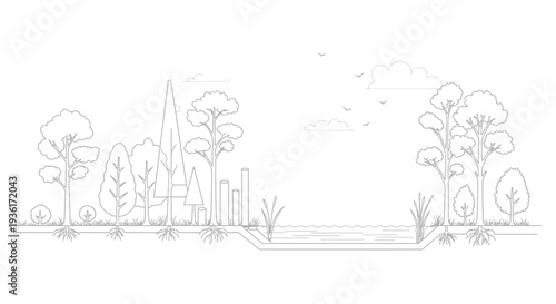 Eco-friendly city park with water feature and diverse trees, urban nature illustration