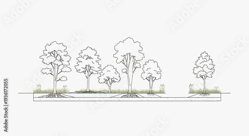 Cross-section illustration of trees with visible root systems and water table