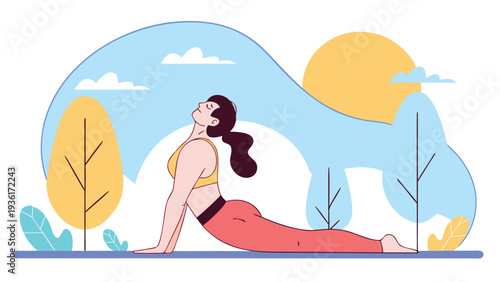 A woman in a yellow tank top and orange pants performs the cobra yoga pose on a blue mat in a sunny outdoor park.