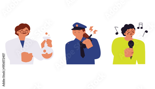 Scientist, police officer, and singer vector illustrations in colorful flat style