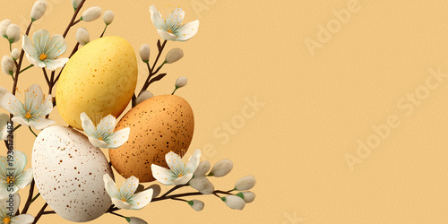 Beautiful greeting colorful card with Easter eggs for Easter. There is a place for text. Popular background for family holiday, advertising, design.