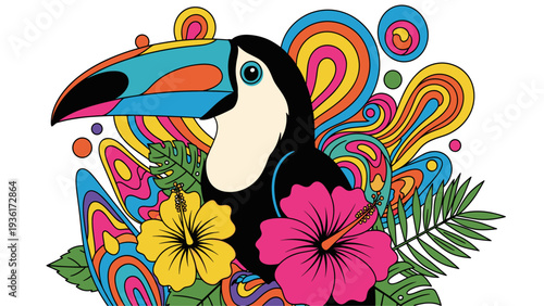 Vibrant Toucan Tropical Art Print | Colorful Jungle Bird & Hibiscus Flower Design