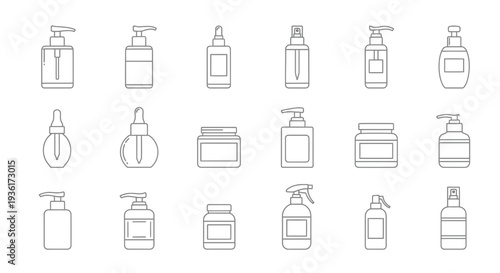 Cosmetic Bottles Line Art Icons Set: Skincare, Beauty, Personal Care Products