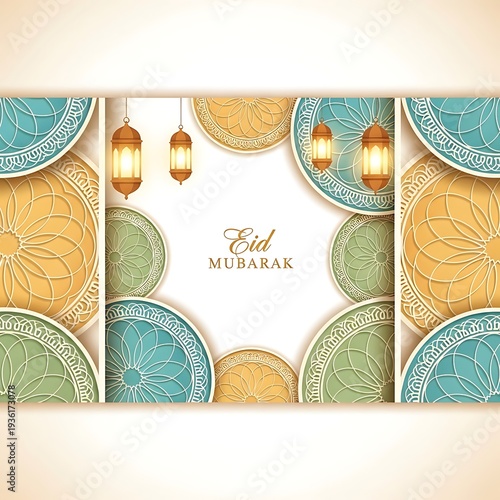 Elegant Eid Mubarak greeting card design featuring intricate Islamic patterns, traditional lanterns, and festive ornamentation for religious celebrations, perfect for banners and invitations