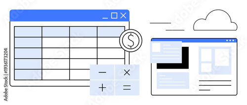 Financial planning, budget management, online tools, data organization, remote collaboration, cloud storage. Spreadsheet, webpage layout calculator symbols dollar sign cloud. Financial planning