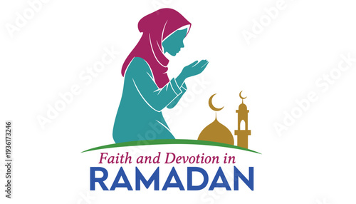 Ramadan vector illustration of a woman in prayer with mosque silhouette