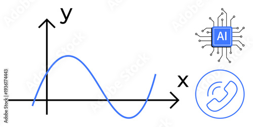 Data analysis, technology innovation, machine learning, artificial intelligence development, mathematical modeling, digital communication. Graph with x and y axes, AI chip, communication icon