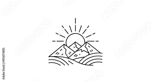 Mountain sunrise line art illustration