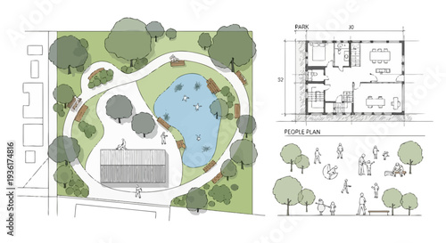 Park design plan with aerial view, floor plan, and people figures