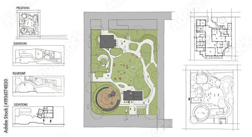 Architectural Plans and Site Layout for a Modern Building Complex
